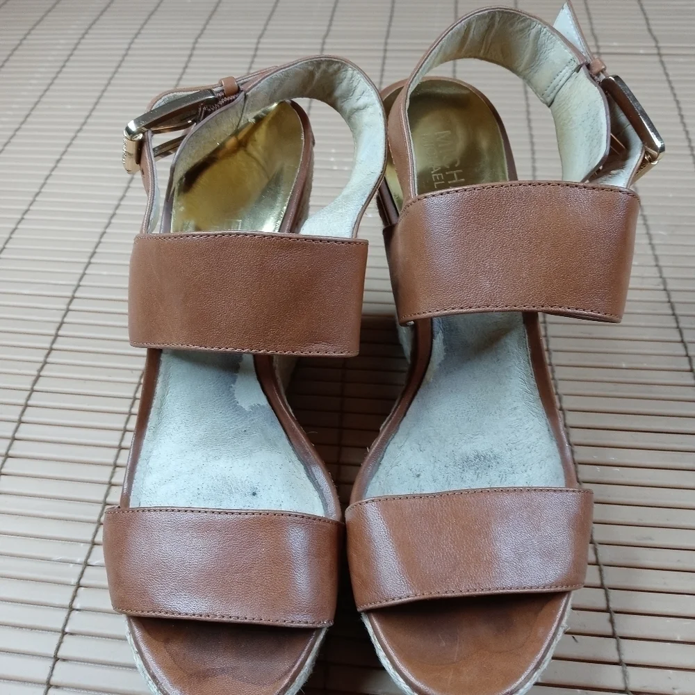 Michael Kors women's brown leather ankle strap wedge platform espadrille. 4